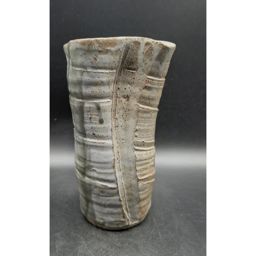 Vicki Knierim Studio Pottery Ribbed Stoneware Vase Salt Glaze Brutalist Signed
